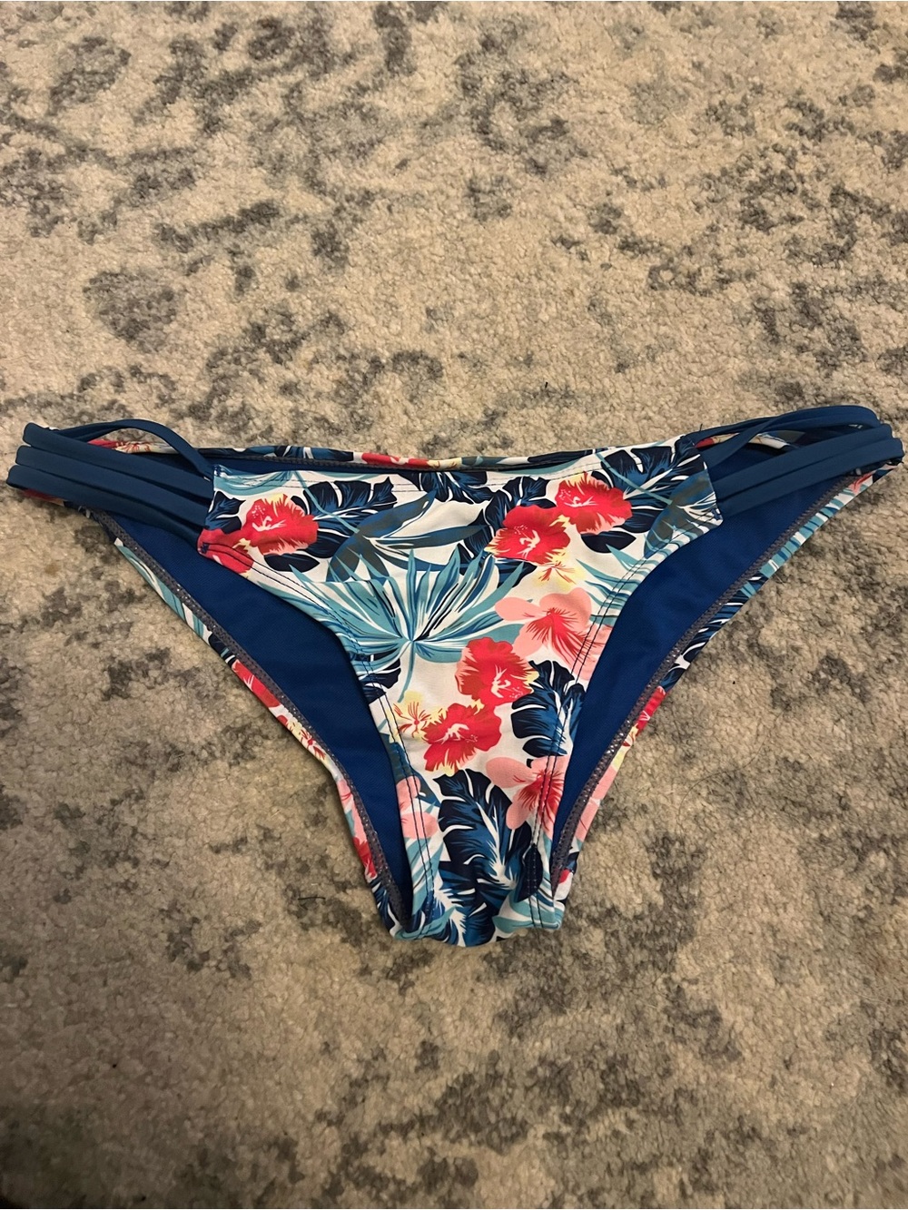 Tropical Floral Low-Rise Bikini Bottoms in Navy and Coral